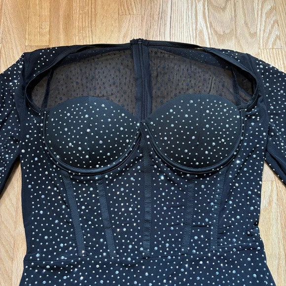 Fisdy Black Rhinestone Glitter Bedazzled Corset Mesh Mini Dress Homecoming/Party - Picture 2 of 7